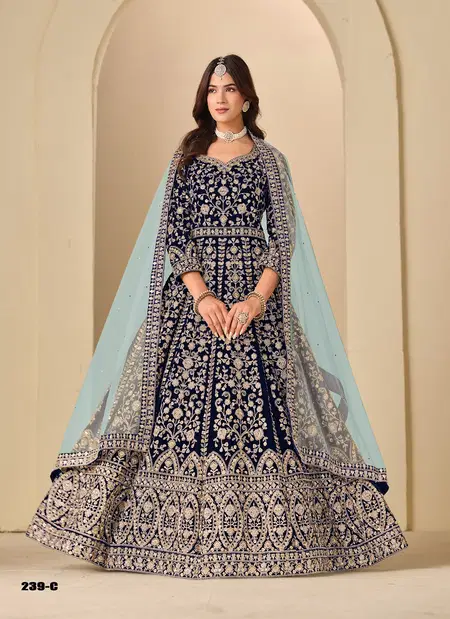 Navy Blue Color Aanaya Vol 239 By Dani Creation Velvet Designer Work Gown With Dupatta 239 C